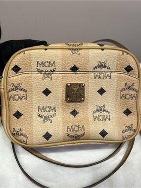 MCM Beige Visetos Logo Crossbody Bag with Black Accent